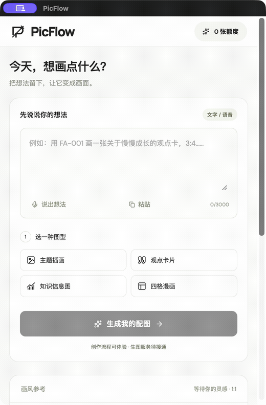 PicFlow macOS 快捷窗口演示:输入一句话,自动识别画风与比例,预览并复制提示词
